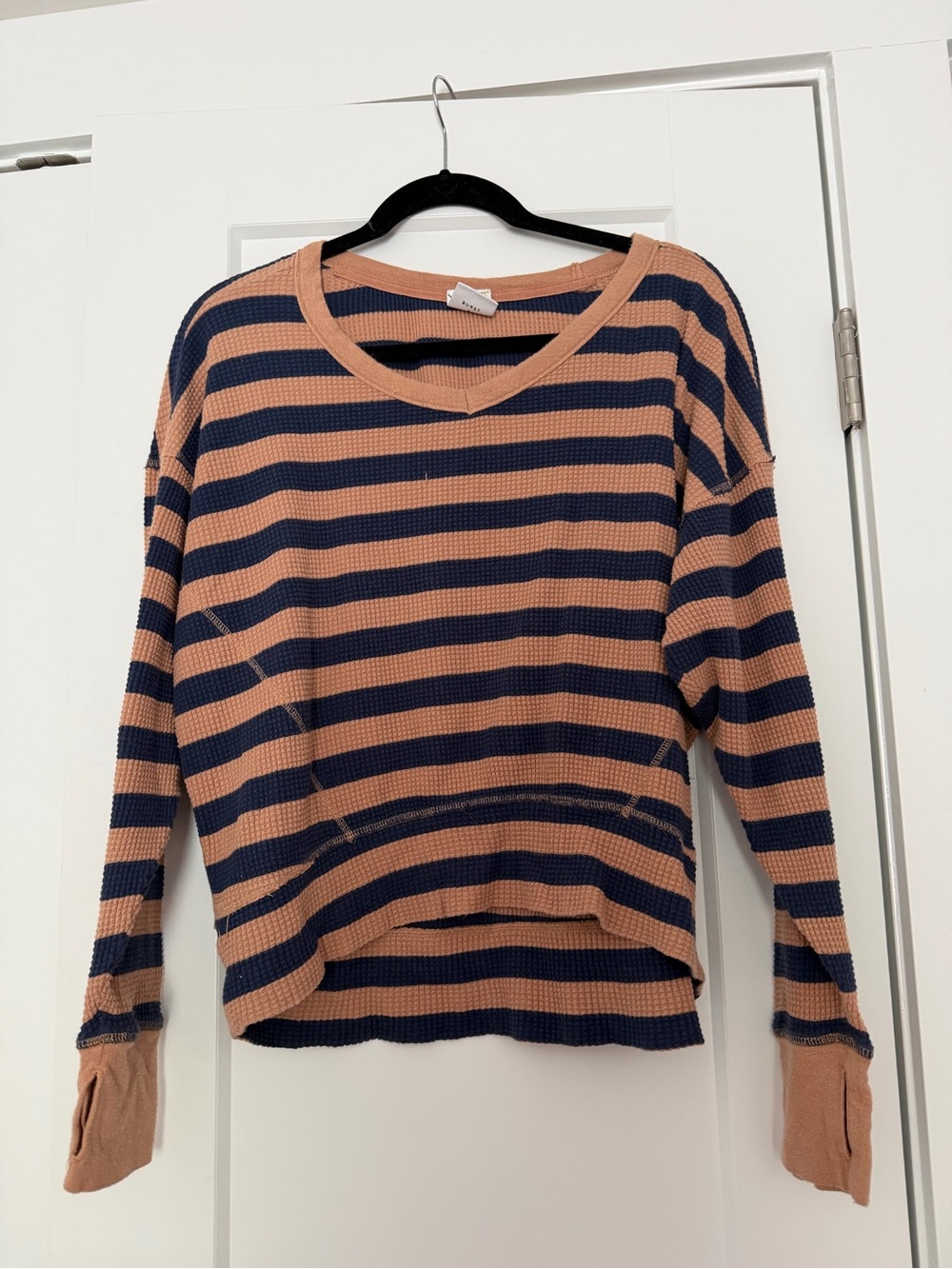 aerie Navy & Dusty Peach Striped Waffle Knit Top
